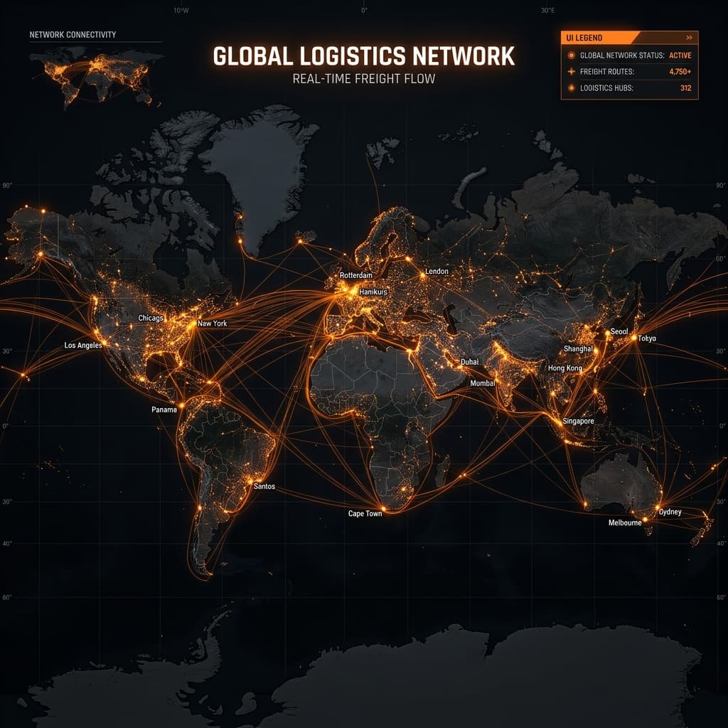 Premium global freight network routes connecting major economic hubs
